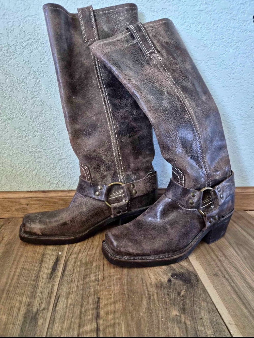 FRYE Vintage Brown Distressed Leather Harness Knee-High Boots